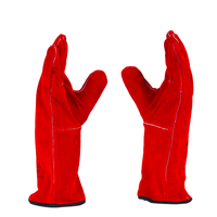 Angled view of F437 safety gloves highlighting red split leather construction and heat-resistant protection.