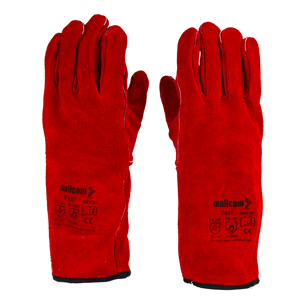 Back view of F437 safety gloves showing durable leather construction and protective welding glove design.