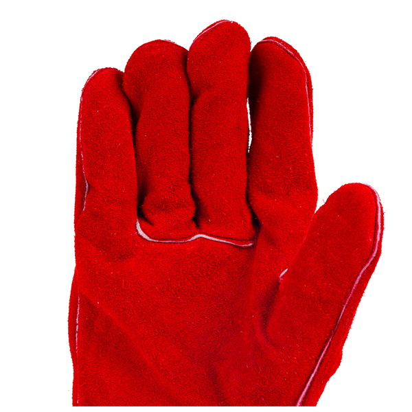 Close-up view of F437 safety gloves showing leather texture, stitching quality, and protective details.