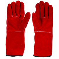 Front view of F437 safety gloves featuring durable red split leather construction for welding and industrial protection.
