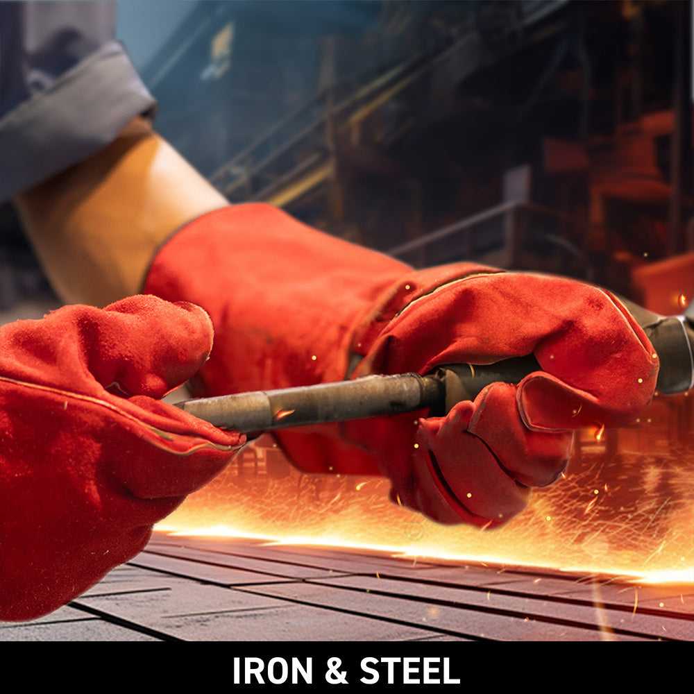 F437 safety gloves used in iron and steel industries, providing protection from heat, sparks, and abrasion.