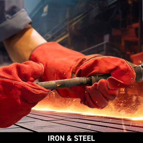 F437 safety gloves used in iron and steel industries, providing protection from heat, sparks, and abrasion.