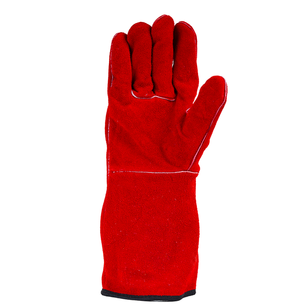 Single F437 safety glove displaying durable red split leather construction and protective design.