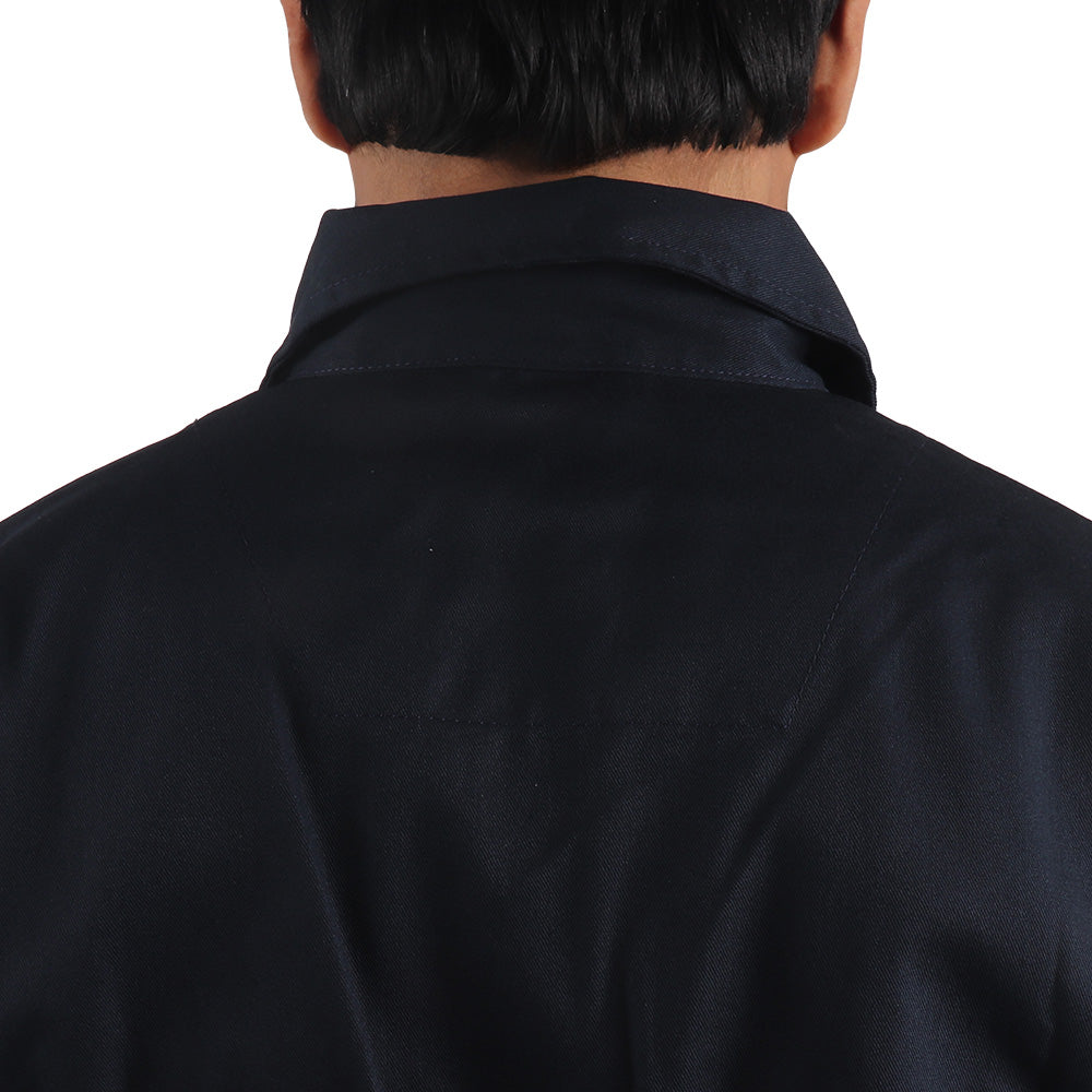 Back detail of the Floriad workwear coverall showing collar construction.
