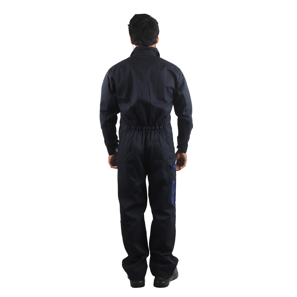 Back view of Floriad workwear coverall showing ergonomic fit, elasticized waist, and accessory holder.