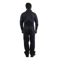 Back view of Floriad workwear coverall showing ergonomic fit, elasticized waist, and accessory holder.