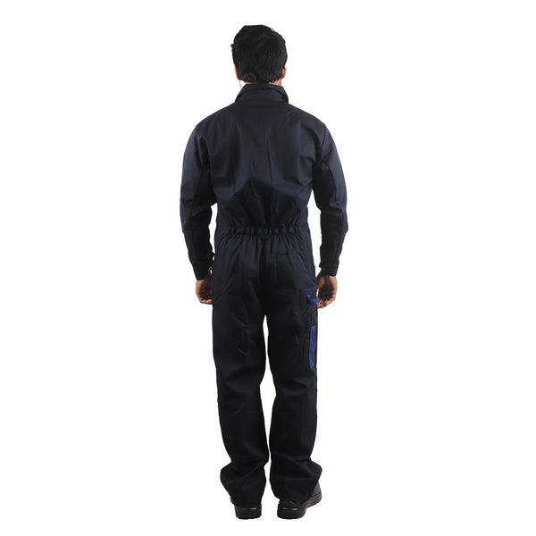 Back view of Floriad workwear coverall showing ergonomic fit, elasticized waist, and accessory holder.