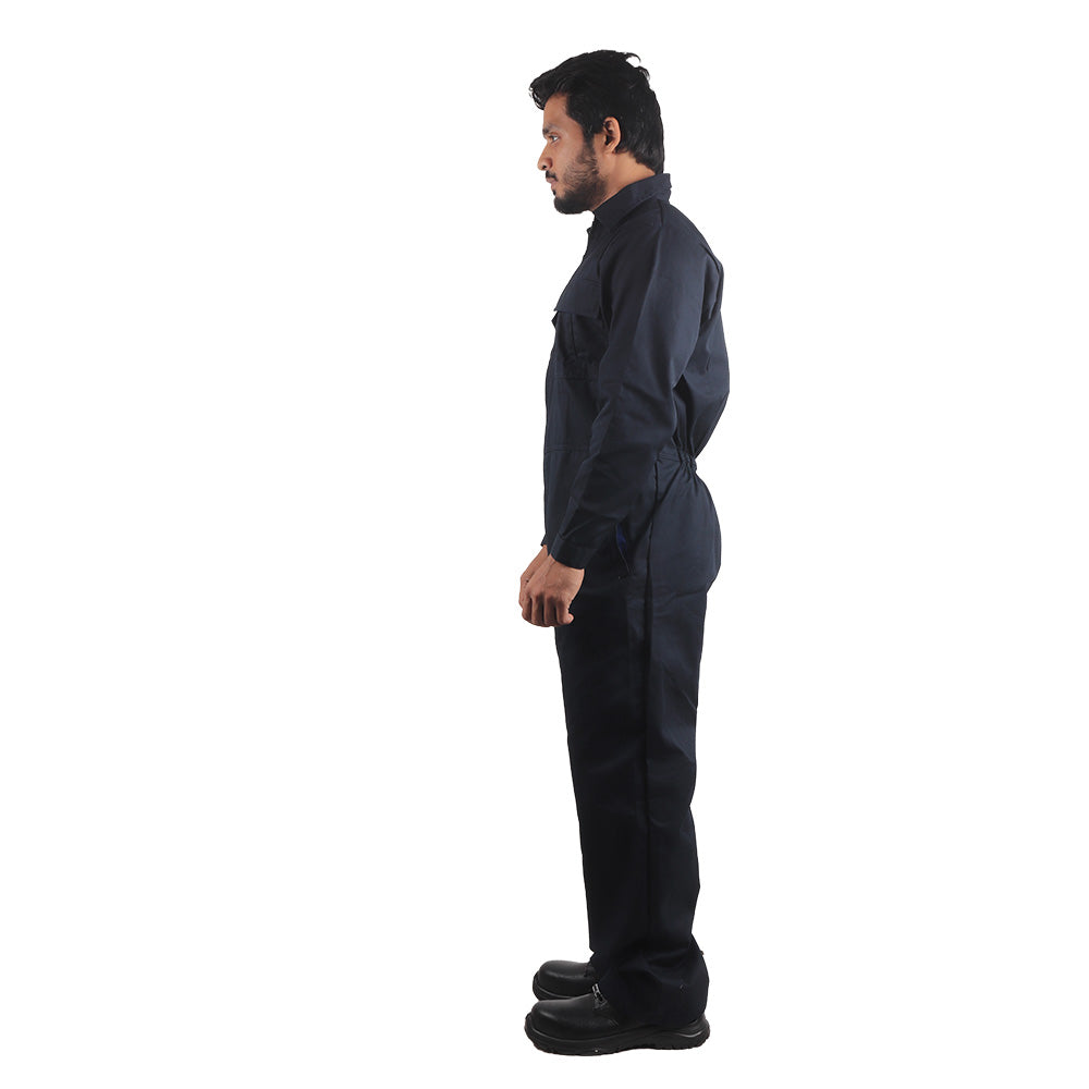 Left-side view of Floriad workwear coverall showing sleeve pocket, utility storage, and durable twill fabric construction.