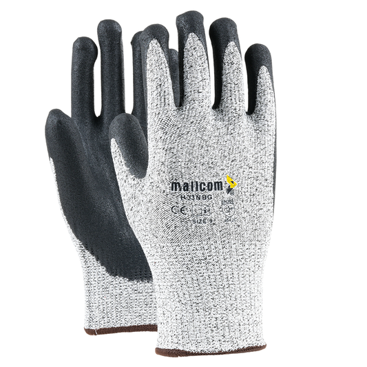 H33NBG safety gloves with cut-resistant UHWMPE liner and sandy nitrile palm coating for industrial hand protection.