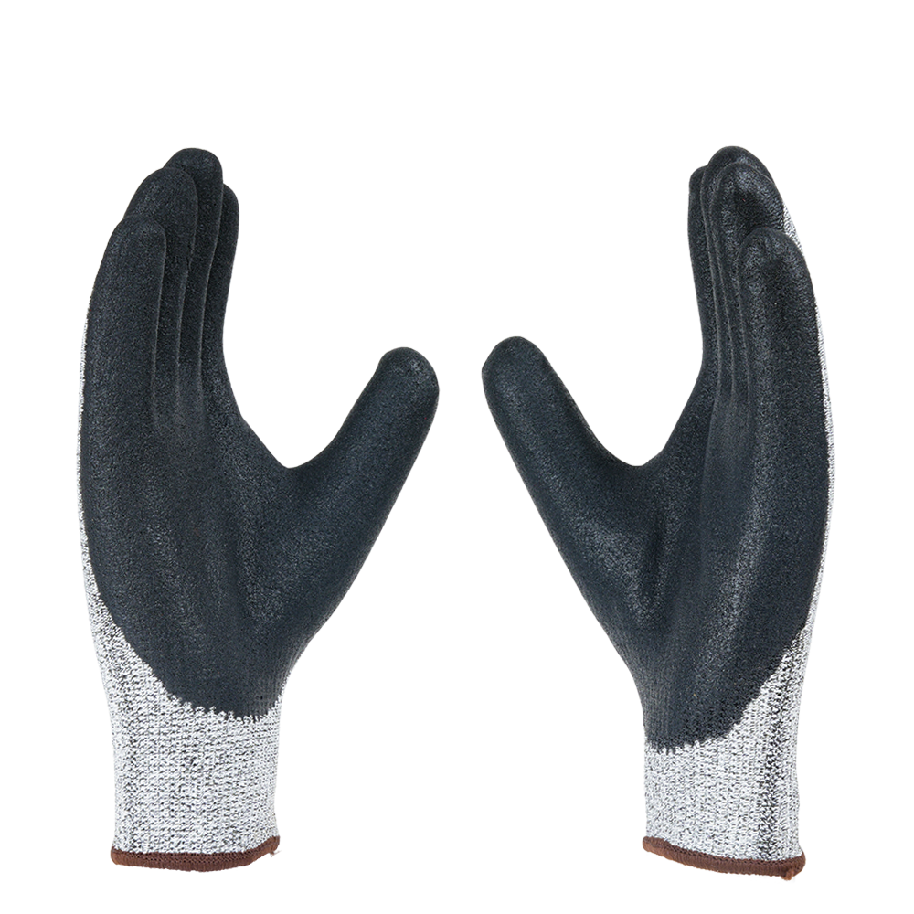 Angled view of H33NBG safety gloves highlighting nitrile coating, grip performance, and cut resistance.