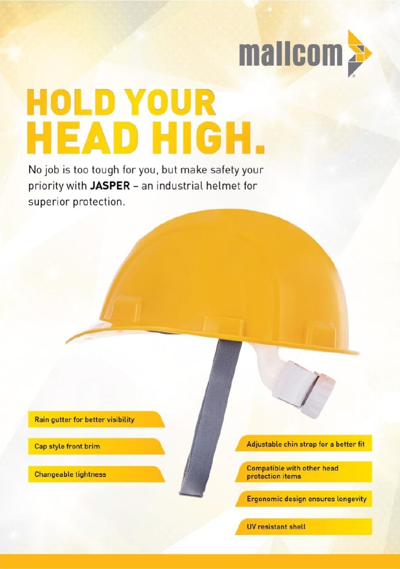 Jasper II yellow safety helmet featuring UV-resistant HDPE construction, plastic harness, zip adjustment, and superior head protection.