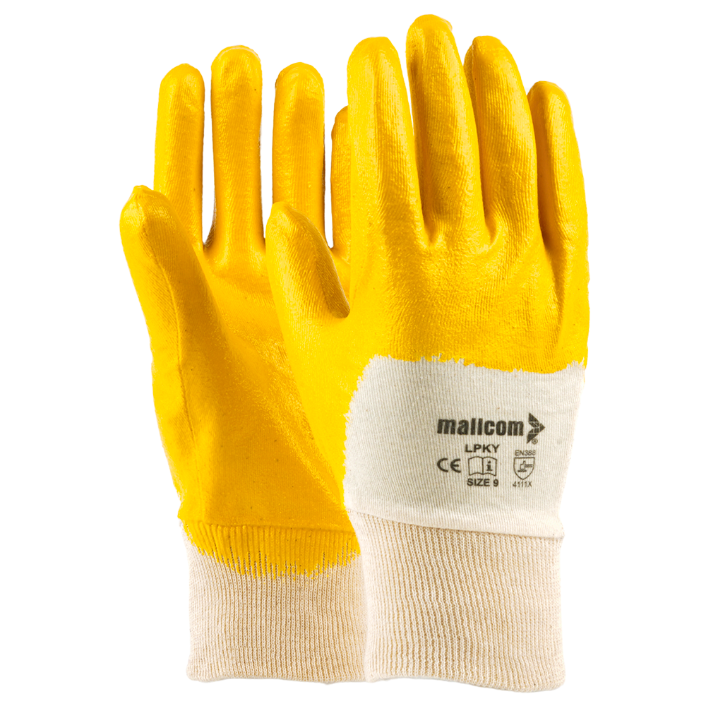 LPKY safety gloves with yellow nitrile coating and cotton lining for grip, oil resistance, and industrial hand protection.