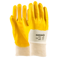 LPKY safety gloves with yellow nitrile coating and cotton lining for grip, oil resistance, and industrial hand protection.