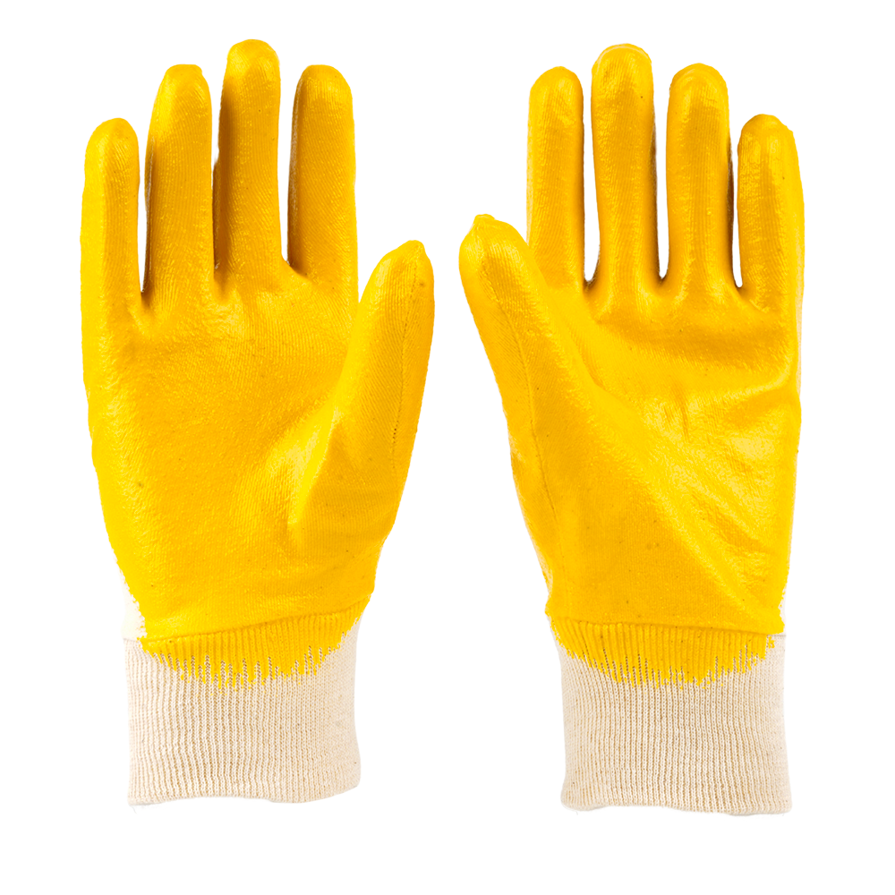 Front view of LPKY safety gloves featuring yellow nitrile coating for enhanced grip and abrasion resistance.