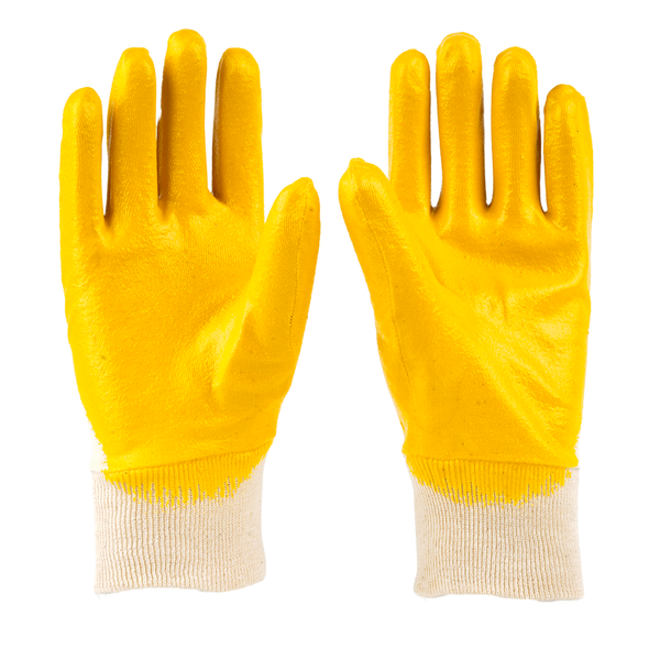 Front view of LPKY safety gloves featuring yellow nitrile coating for enhanced grip and abrasion resistance.