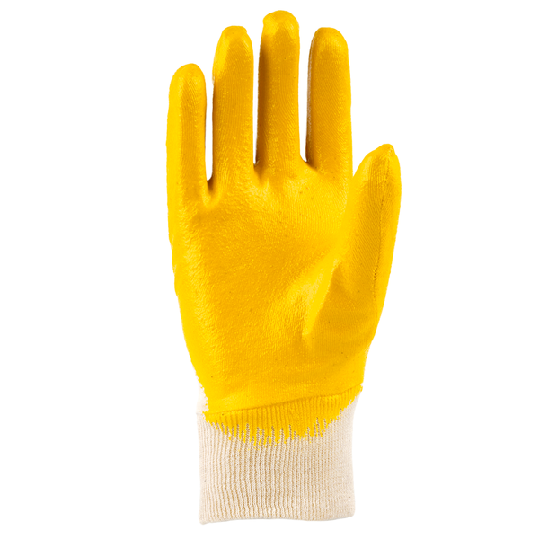 Single LPKY safety glove displaying yellow nitrile coating and durable hand protection features.