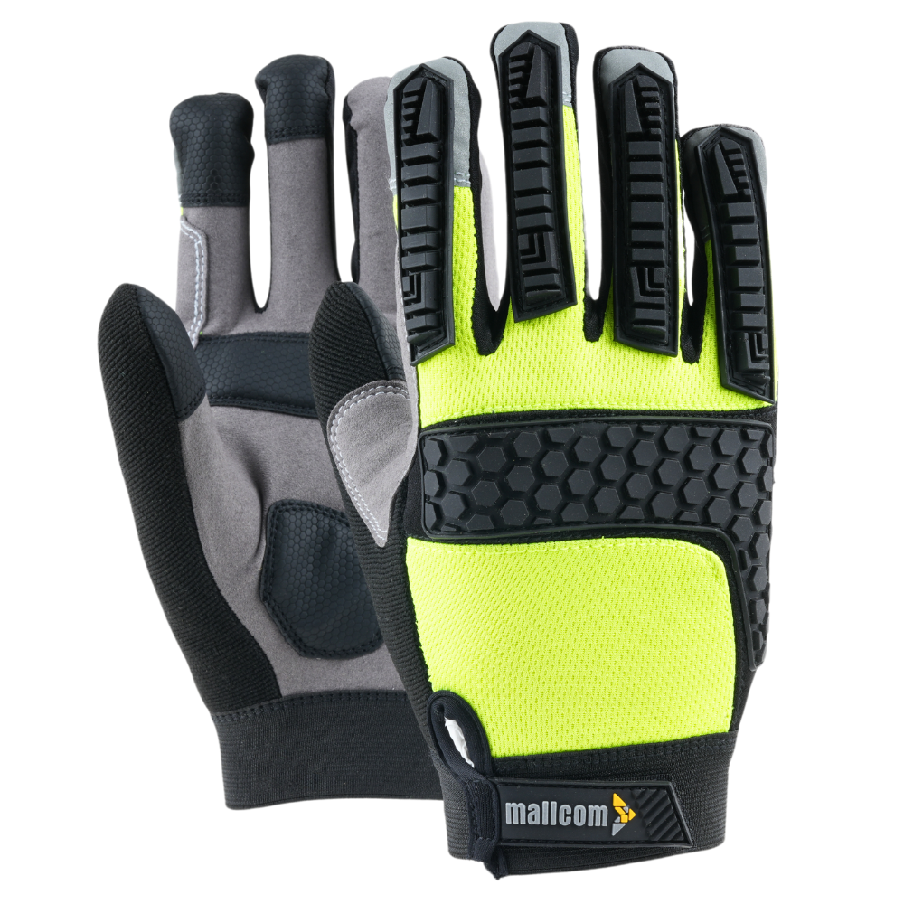 MACH 23 safety gloves with honeycomb PU grip, reinforced palm, and knuckle protection for industrial hand safety.