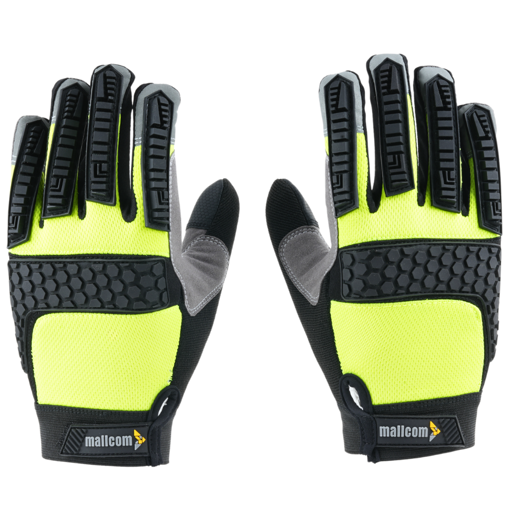 Back view of MACH 23 safety gloves showing PVC knuckle guards, stretch fabric, and secure wrist closure.