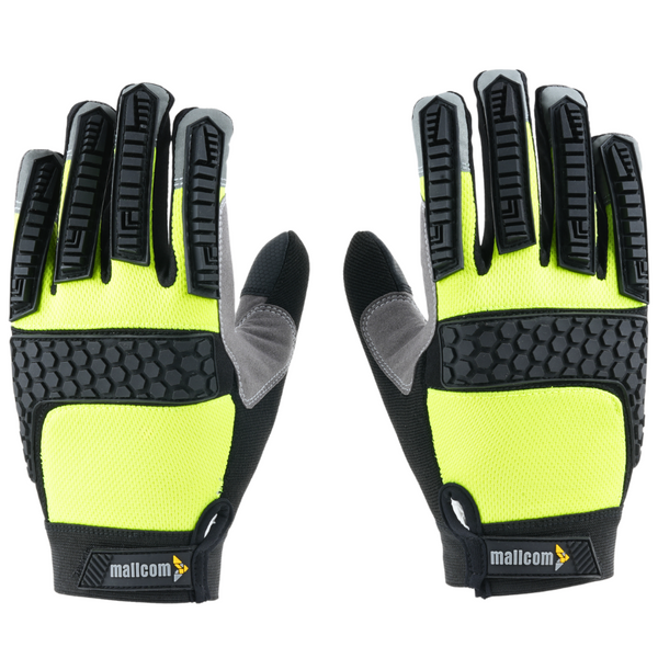 Back view of MACH 23 safety gloves showing PVC knuckle guards, stretch fabric, and secure wrist closure.