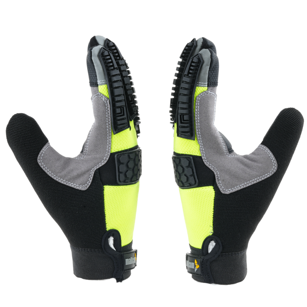 Back-to-back view of MACH 23 safety gloves showcasing ergonomic design, durability, and protective features.