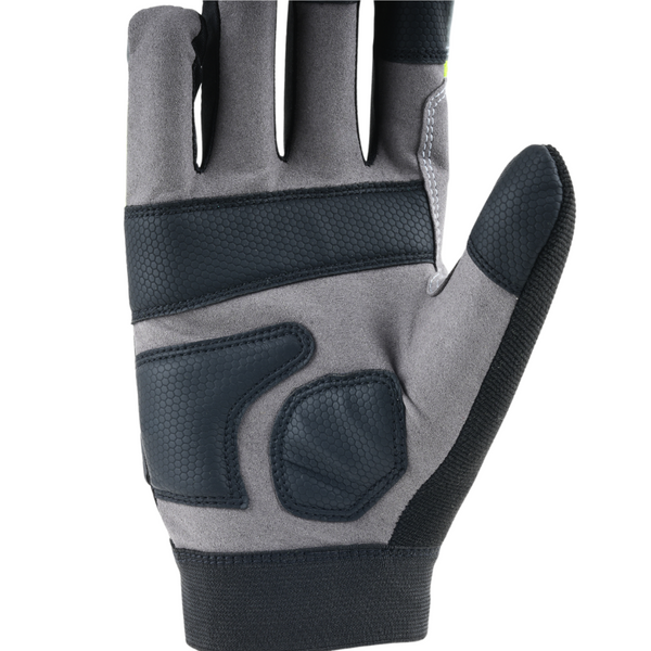 Close-up view of MACH 23 safety gloves showing honeycomb grip texture, stitching, and protective details.