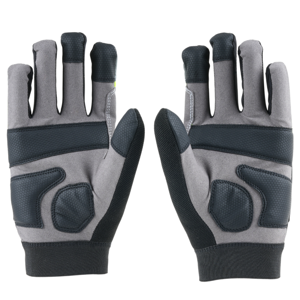 Front view of MACH 23 safety gloves featuring honeycomb PU palm and reinforced microsuede construction.
