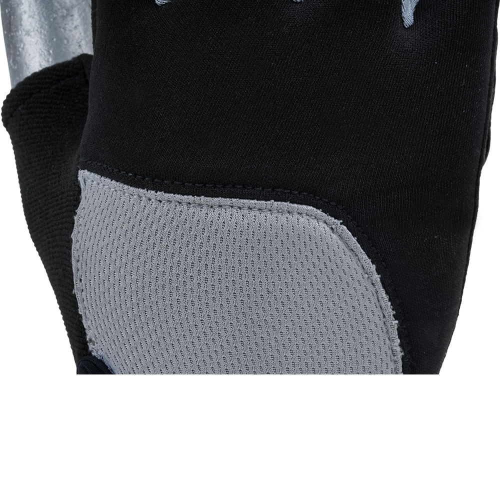 Close-up texture view of MACH 31 safety gloves showing the honeycomb PU grip pattern, artificial leather palm, and durable stitching details.