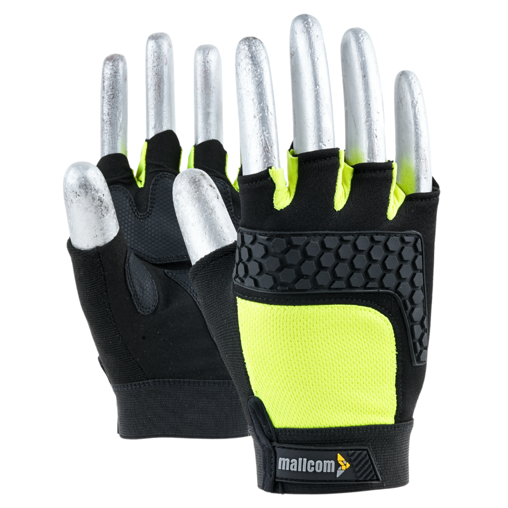 MACH 32 fingerless safety gloves with synthetic leather palm, honeycomb PU grip, and padded design for enhanced comfort, control, and durability.