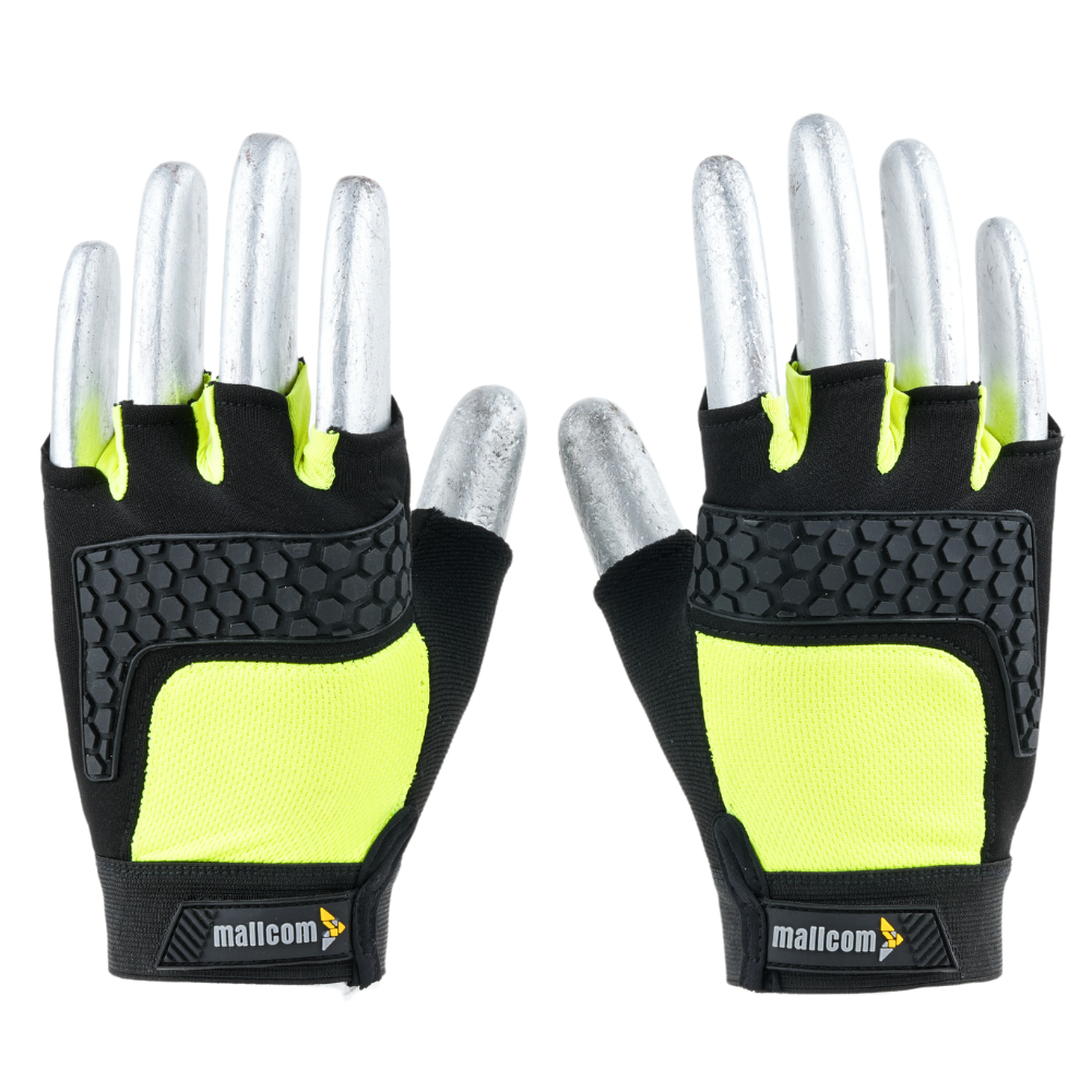 Back view of MACH 32 safety gloves showing fingerless construction, flexible fabric, and secure wrist closure.