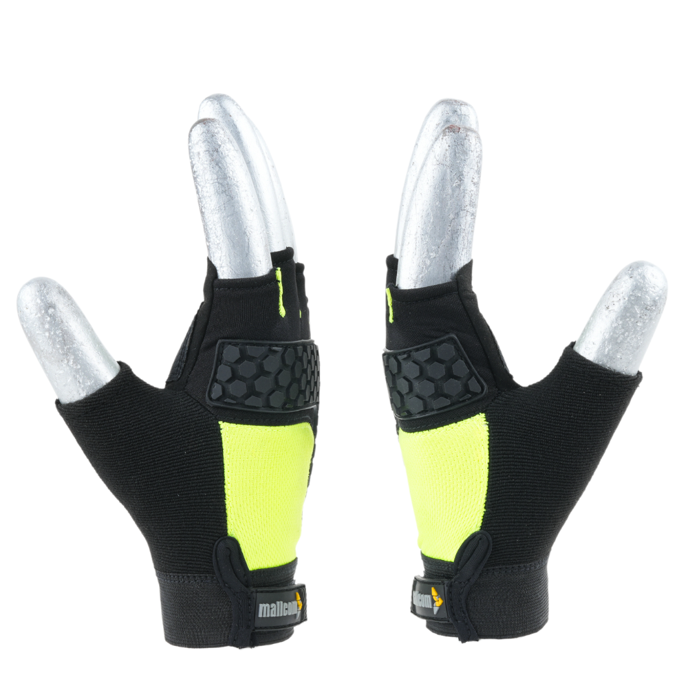 Back-to-back view of MACH 32 safety gloves showcasing fingerless design, durability, and protective features.