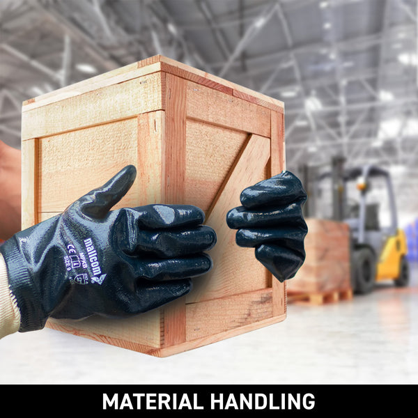 MFKB safety gloves used in material handling operations, providing superior grip, abrasion resistance, comfort, and reliable hand protection during lifting and handling tasks.
