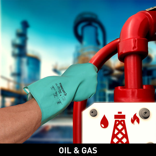 NF153G safety gloves used in oil and gas operations, providing oil resistance, chemical protection, superior grip, and reliable hand safety in demanding industrial environments.