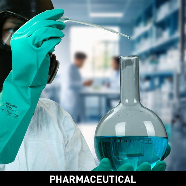 NF153G safety gloves used in pharmaceutical operations, providing chemical resistance, superior grip, comfort, and reliable hand protection during handling and processing tasks.