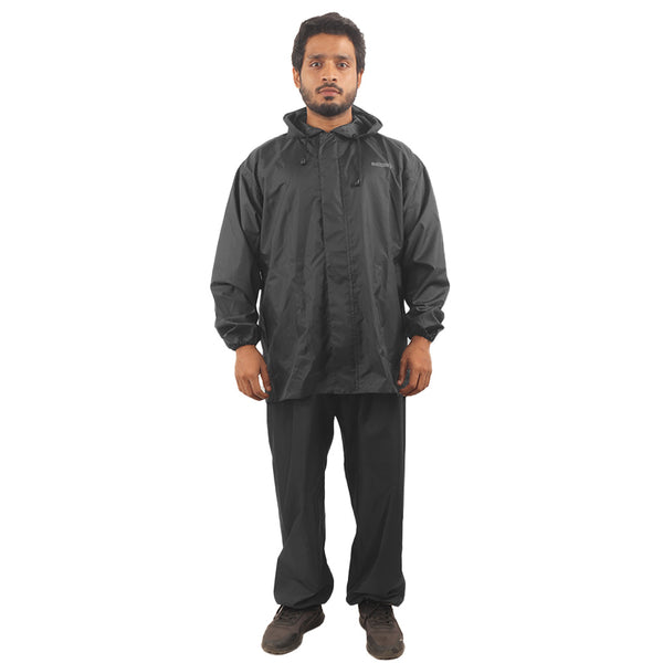NIMBUS rainwear suit in black with waterproof protection, reflective detailing, and a hooded jacket and pant set.
