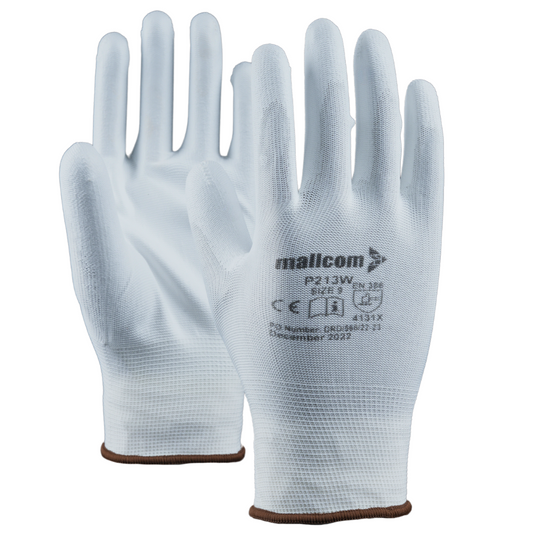 P213W safety gloves with a 13-gauge seamless liner and white PU-coated palm for grip, comfort, and hand protection.