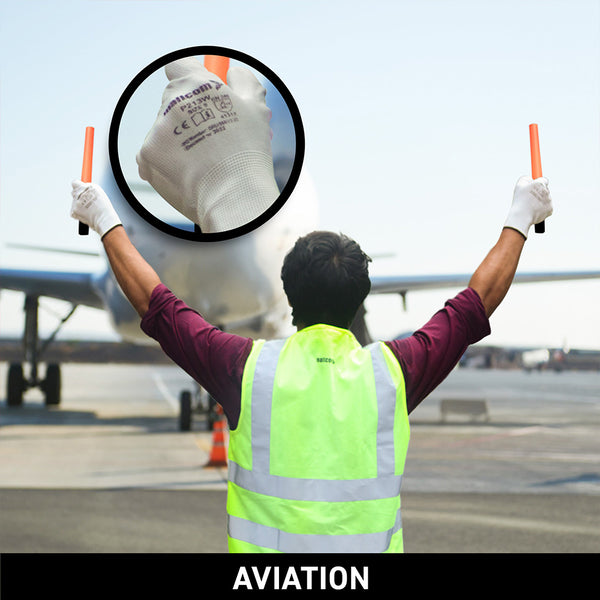 P213W safety gloves used in aviation maintenance and assembly operations, providing superior grip, flexibility, dexterity, and reliable hand protection for precision tasks.