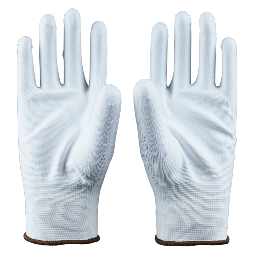 Front view of P213W safety gloves featuring white PU-coated palm and fingertips for enhanced grip.