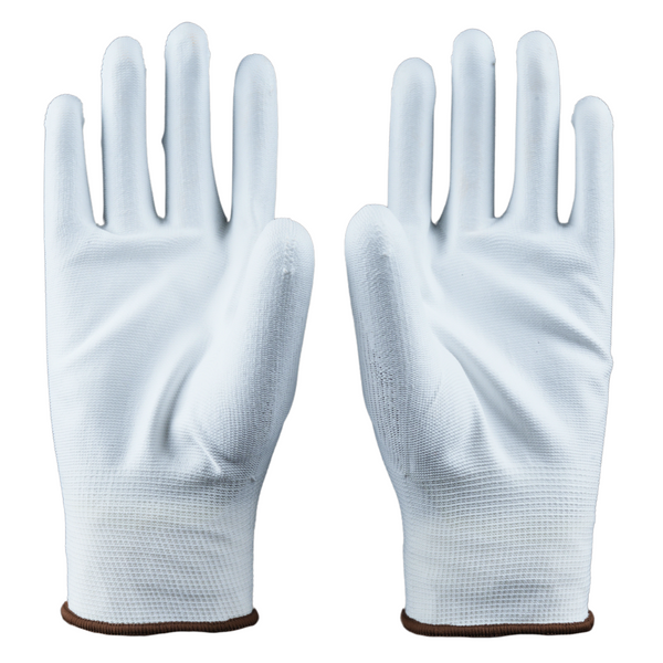 Front view of P213W safety gloves featuring white PU-coated palm and fingertips for enhanced grip.