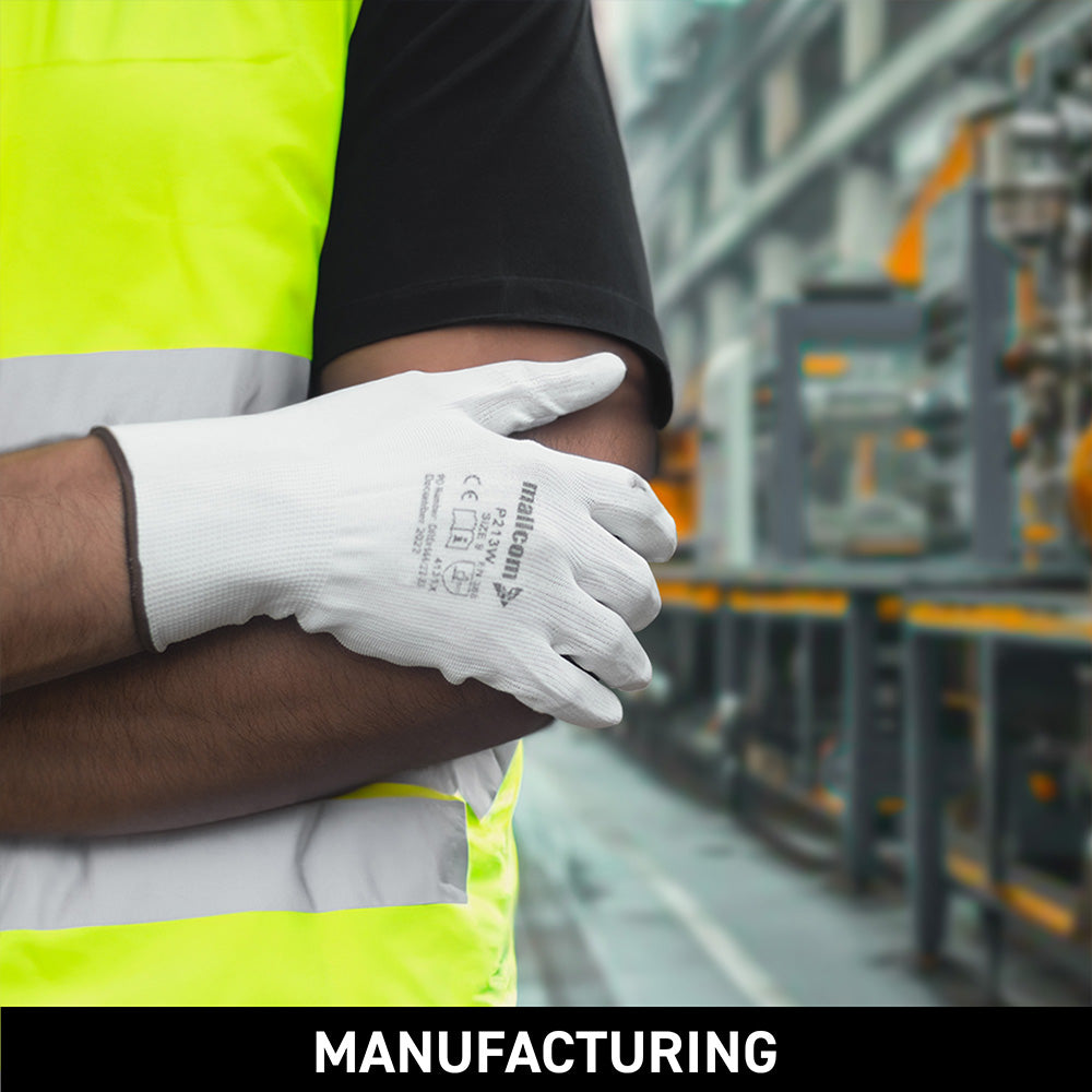 P213W safety gloves used in manufacturing operations, providing superior grip, flexibility, dexterity, and reliable hand protection for assembly and production tasks.