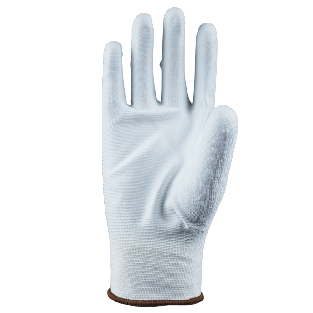 Single P213W safety glove displaying white PU-coated palm and seamless liner construction.