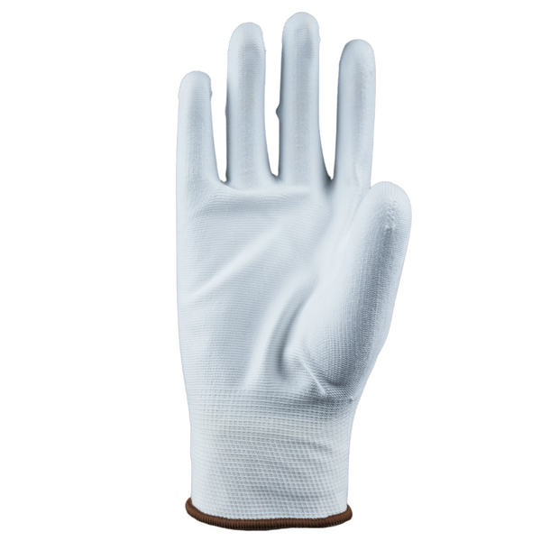 Single P213W safety glove displaying white PU-coated palm and seamless liner construction.