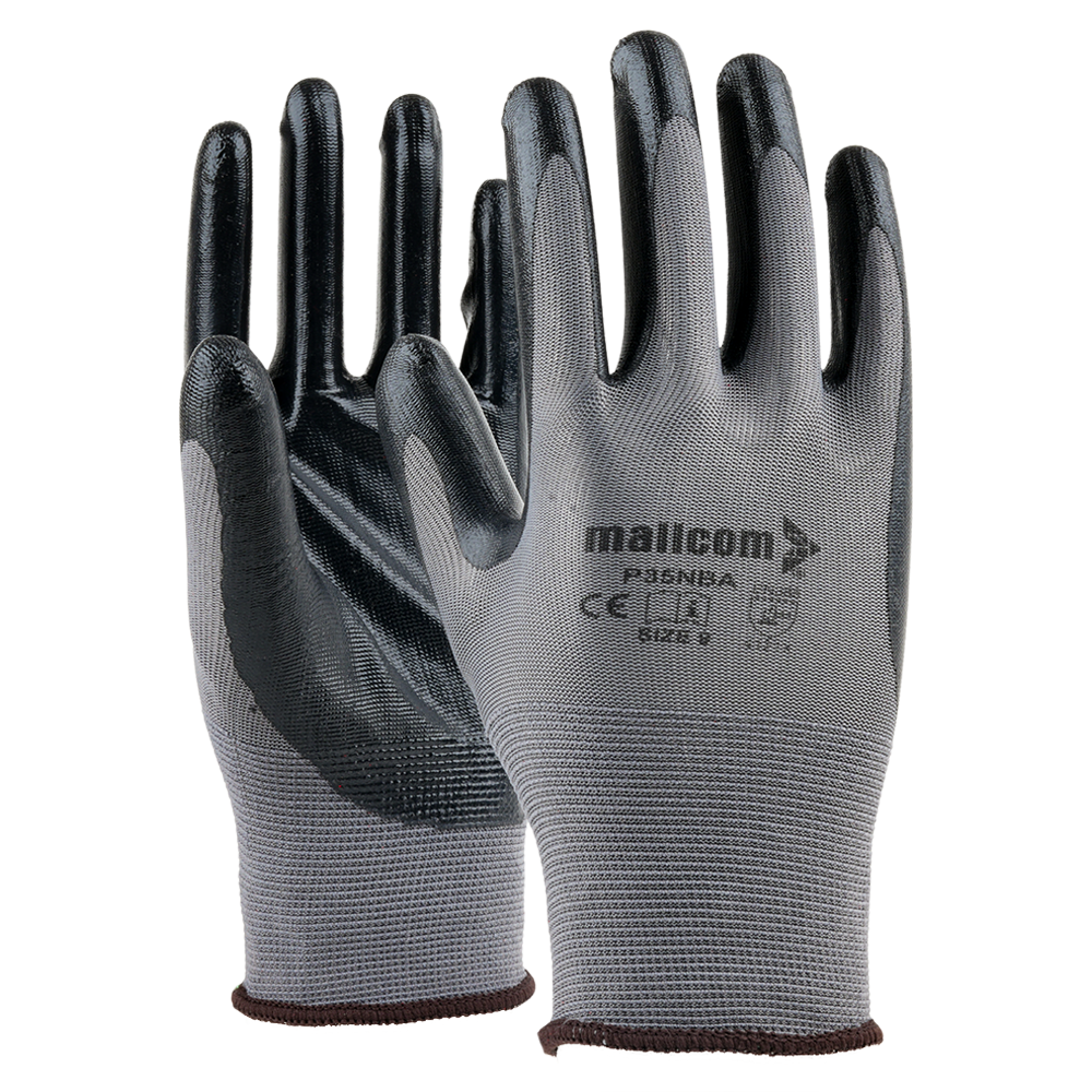 P35NBA safety gloves with nitrile-coated palm and 15-gauge polyester liner for superior grip, oil resistance, and hand protection.