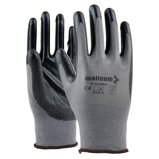 P35NBA safety gloves with nitrile-coated palm and 15-gauge polyester liner for superior grip, oil resistance, and hand protection.