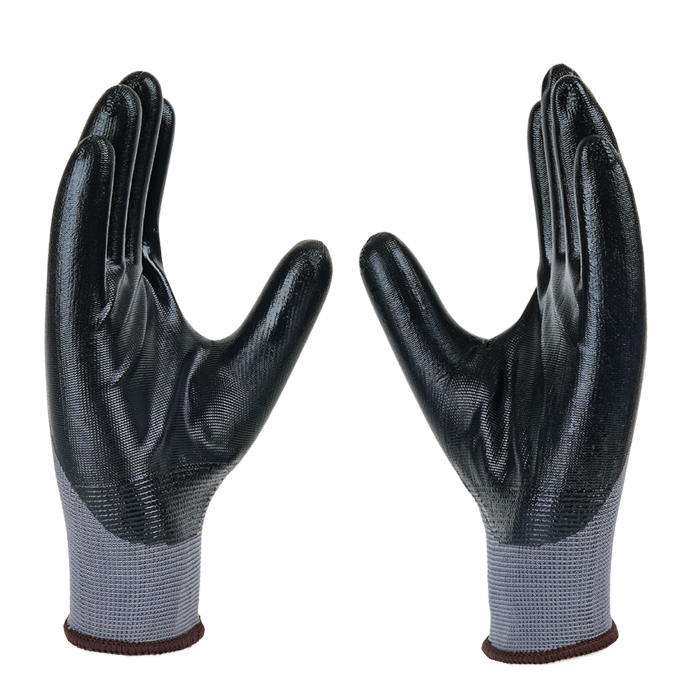 Angled view of P35NBA safety gloves highlighting nitrile coating, flexibility, and secure grip performance.