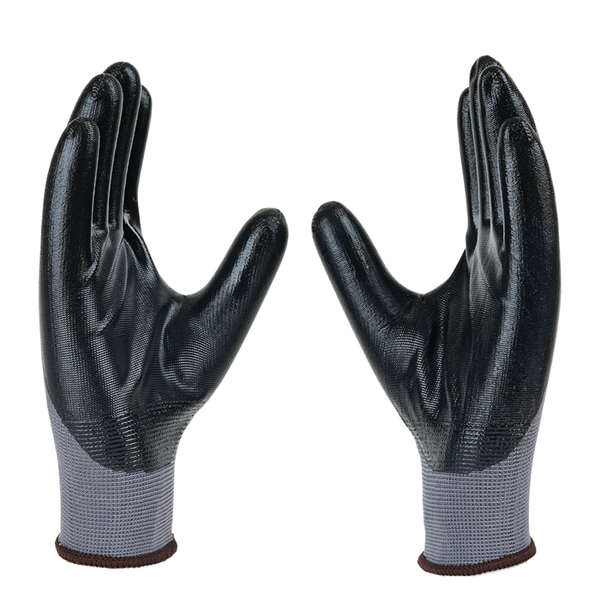 Angled view of P35NBA safety gloves highlighting nitrile coating, flexibility, and secure grip performance.