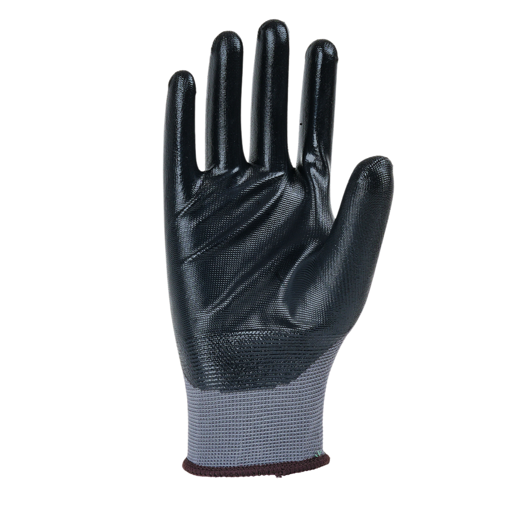 Single P35NBA safety glove displaying nitrile-coated palm and lightweight polyester liner construction.