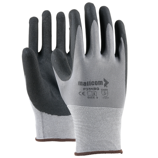 P35NBG safety gloves with nitrile-coated palm and 15-gauge polyester liner for superior grip, oil resistance, and hand protection.