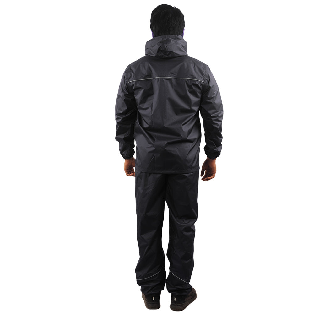 Back view of the black STRATUS rainwear suit showcasing reflective detailing and waterproof construction.