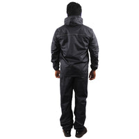 Back view of the black STRATUS rainwear suit showcasing reflective detailing and waterproof construction.