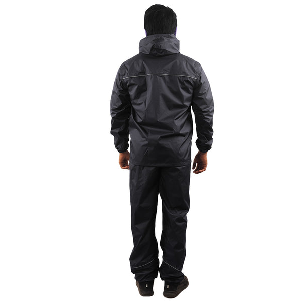 Back view of the black STRATUS rainwear suit showcasing reflective detailing and waterproof construction.
